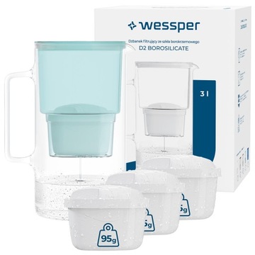 DZBANEK SZKLANY WESSPER D2 BOROSILICATE 3l + 4x FILTR WKŁAD WODY WESSPER