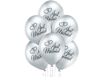 Balony srebrne Glossy Just Married na wesele 6szt