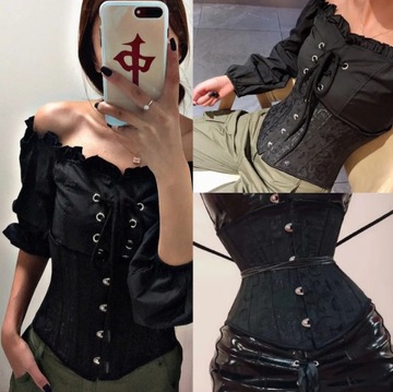 UNDERBUST czarny gorset wiązany METALOWE FISZBINY