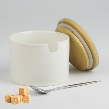 ФАРФОРОВАЯ САХАРНИЦА БЕЛАЯ САХАРНИЦА С БАМБУКОВОЙ КРЫШКОЙ И ЛОЖКОЙ