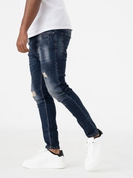 SPODNIE JEANSOWE MĘSKIE WYTARCIA MODNE i8 Denim Skinny Ciemne Niebieskie 30