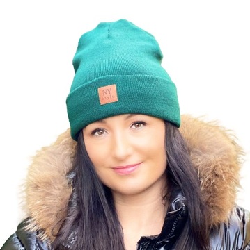 Czapka Ciepła Damska Beanie Zimowa Wywijana Dwuwarstwowa Butelkowa Zieleń
