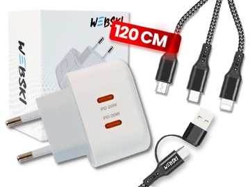 MOCNA MAŁA PŁASKA ŁADOWARKA SIECIOWA 40W 2xUSB-C PD Z MOCNYM KABLEM 5W1 A-C