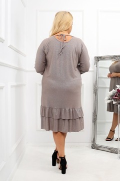 Beżowa Sukienka Koktajlowa Plus Size z falbanką r. 46/48