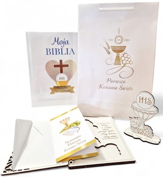 Prezent na I Komunię Św. Biblia + Kartka w drewnie z kielichem + Torebka