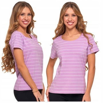 T-shirt klasyczny bawełniany w paski bluzka damska FIOLETOWA - L