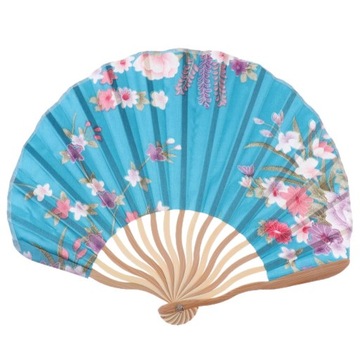 Hand Held Floral Fan Women Silk Fabric Blue