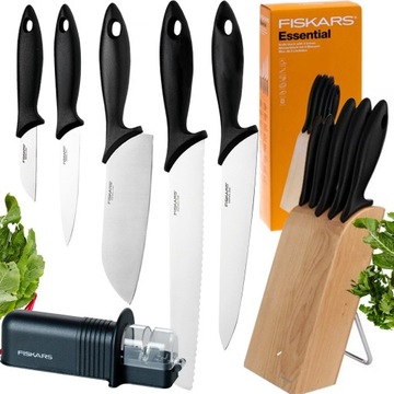 FISKARS ZESTAW KOMPLET 5 NOŻY W DREWNIANYM BLOKU + OSTRZAŁKA