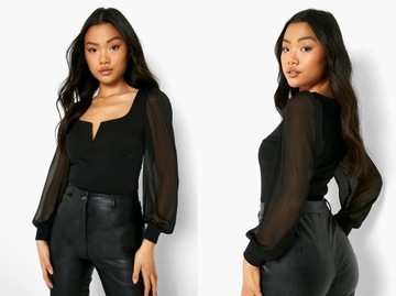 Boohoo Petite Czarne body szyfonowy rękaw S (36)