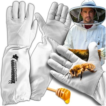 Skórzane Rękawice pszczelarskie do pasieki do ula ze skóry białe Rozmiar 8