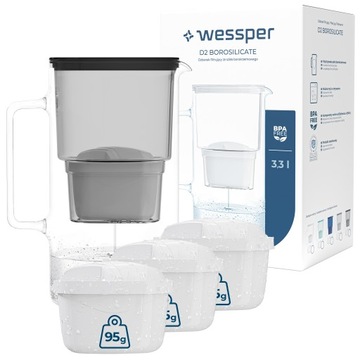 Dzbanek filtrujący szklany Wessper aquamax 3,3l + 4x Filtr Wessper aquamax