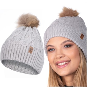 CZAPKA DAMSKA ZIMOWA Z POMPONEM POLAREM OCIEPLENIEM WARKOSZ CIEPŁA BEANIE