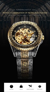 Мужские винтажные золотые механические часы с резной отделкой