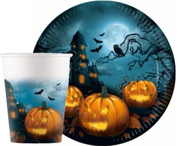 TALERZYKI KUBKI HALLOWEEN STRASZNY DOM DYNIE DLA DZIECI URODZINY 16szt