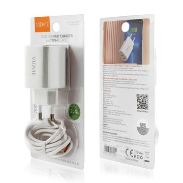 Ładowarka sieciowa VIDVIE PLE250C 2.4A 2xUSB + Kabel Type-C (Biała)