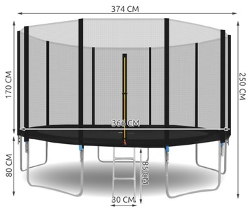 Батут 374 12 футов MALATEC с сеткой для лестницы, 5 опор