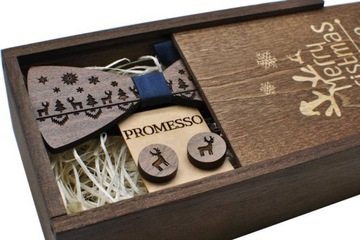 Promesso ZESTAW ŚWIĄTECZNY dla Niego HANDMADE MUCHA SPINKI Z DREWNA PREZENT