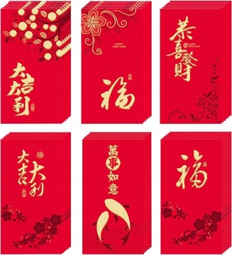 36 sztuk 6 wzorów chińskie Hong Bao czerwone kope