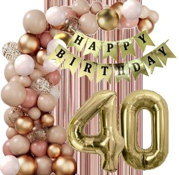 BALONY złote beżowe dziki róż rose gold dekoracje na urodziny cyfra 40 lat