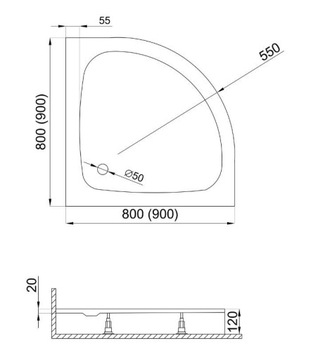 Душевой поддон Ringo полукруглый 90x90x2x12 + сифон