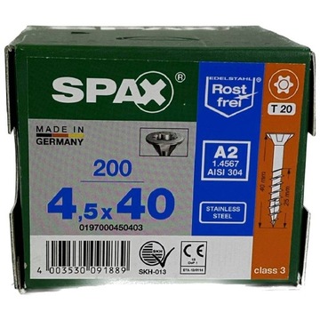 Wkręty nierdzewne 4,5x40mm wkręty do drewna A2 stal nierdzewna SPAX 200szt