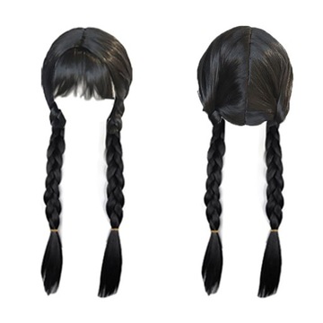 CZARNA PERUKA WEDNESDAY ADDAMS STRÓJ DWA WDŁUGIE CZARNE WARKOCZE GRZYWKA