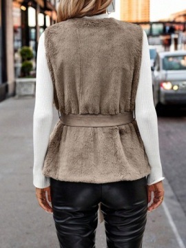 СВЕТЛО-КОРИЧНЕВЫЙ МЕХОВОЙ ЖИЛЕТ С ЗАВЯЗКОЙ НА ПОЯСИИ SHEIN 40/42