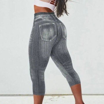 Women Cropped Pants Stretch Fitness Fake Pockets H