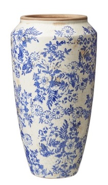 WAZON CERAMICZNY ECRU BIAŁY ZDOBIONY 32x17 KWIATY NIEBIESKI OSŁONKA