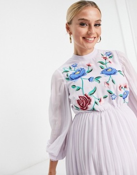 LUX Maternity Liliowa plisowana sukienka mini typu skater haft 48