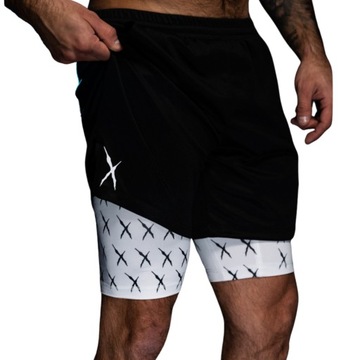 AthleteX - SPODENKI TRENINGOWE Z LEGGINSAMI - CZARNO-BIAŁE