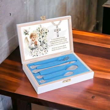 СТОЛОВЫЕ ПРИБОРЫ ДЛЯ ДЕТЕЙ НА КРЕЩЕНИЕ ПОДАРОК ​​В КОРОБКЕ С ГРАВИРОВКОЙ