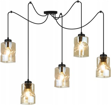 LAMPA CZARNA WISZĄCA PAJĄK ŻYRANDOL 5 PŁOMIENNA SZKLANY KLOSZ AURA MIODOWY