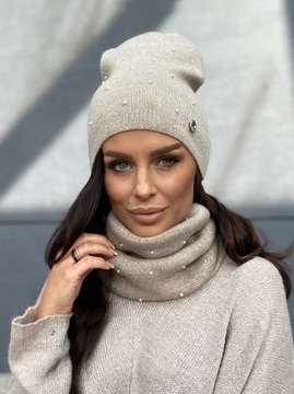 KOMPLET DAMSKI CZAPKA BEANIE KOMIN GOLF TUBA ZESTAW CIEPŁY ELEGANCKI KOLOR