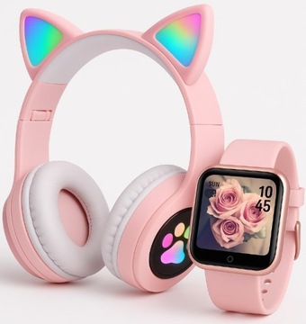 SŁUCHAWKI LED Z KOCIMI USZAMI I ŁAPKĄ + SMARTWATCH – RÓŻOWY ZESTAW