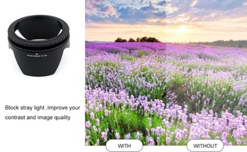 Пластиковая солнцезащитная бленда типа «тюльпан», навинченная на объектив 77 мм.