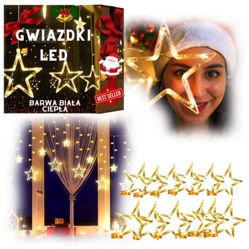 Lampki GWIAZDKI LED wiszące na okno KURTYNA Świetlna Gwiazdy Barwa ciepła