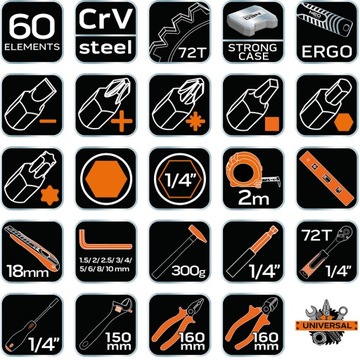 Универсальный набор инструментов 60 шт. Торцевые ключи Bits Hammer чемодан NEO