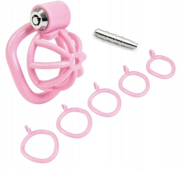 MAŁY RÓŻOWY PAS CNOTY CHASTITY PINK CAGE 5 PIERŚCIENI DILATOR