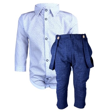 komplet dla chlopca elegancki 68 bodykoszula jeansowe biale body