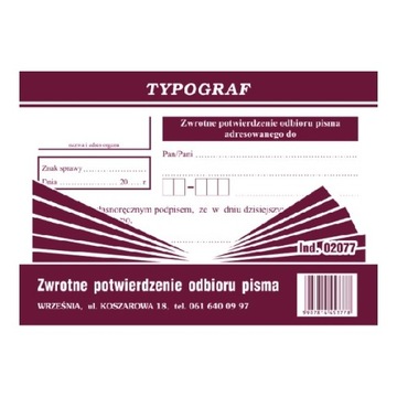 DRUK 02077 ZWROTNE POTWIERDZENIE ODBIORU PISMA A6