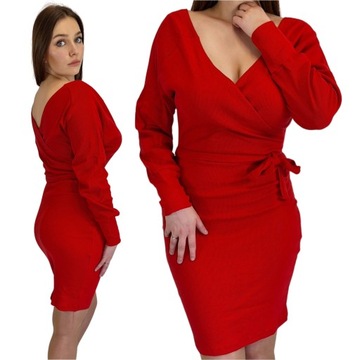 Dopasowana Prążkowana Sukienka z Wiązaniem Czerwona S (36)