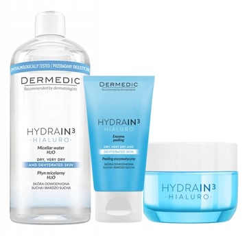 Dermedic Hydrain Krem do twarzy + Płyn micelarny + Peeling enzymatyczny