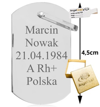 NIEŚMIERTELNIK WOJSKOWY DOG TAG SREBRO 925 GRAWER