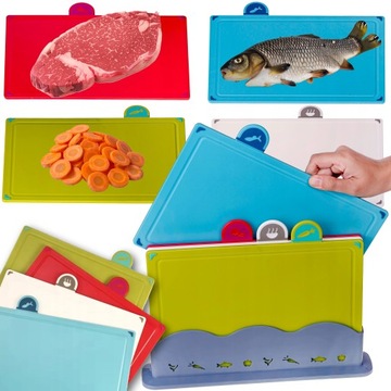 НАБОР ИЗ 4 ПЛАСТИКОВЫХ РАЗДЕЛОЧНЫХ ДОСОК НА ПОДСТАВКЕ ДЛЯ МЯСА, ОВОЩЕЙ, РЫБЫ