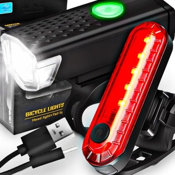 ZESTAW LAMPEK ROWEROWYCH LED PRZÓD + TYŁ - AKUMULATOROWE - WODOODPORNE - CE