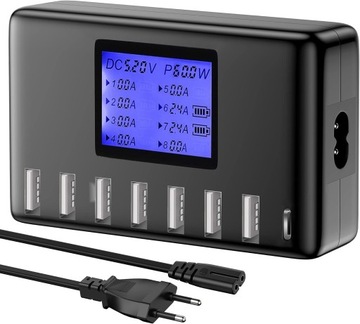 Зарядная станция мощностью 60 Вт, 8 портов USB, зарядное устройство USB C, 12 А, с ЖК-дисплеем