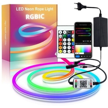 5m Taśma LED RGBIC NEON FLEX 5050 Aplikacja Bluetooth Pilot Zasilacz