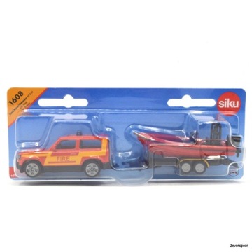 1608-SIKU SAMOCHÓD STRAŻ LAND ROVER DEFENDER Z ŁODZIĄ METAL+PLASTIK 3+