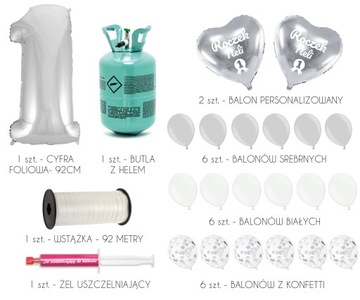 Zestaw dekoracja balon ROCZEK srebrny + BUTLA HEL